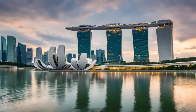 un horizonte de la ciudad con un reflejo del horizonte de La ciudad en el agua