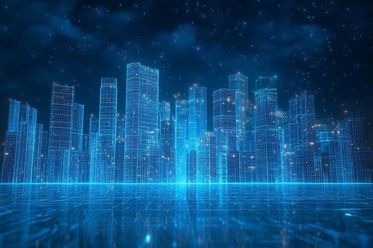 Un horizonte de la ciudad representado con estructuras de marco de alambre azul brillante que representan un paisaje urbano futurista y un diseño arquitectónico moderno en un mundo digitalizado de alta tecnología