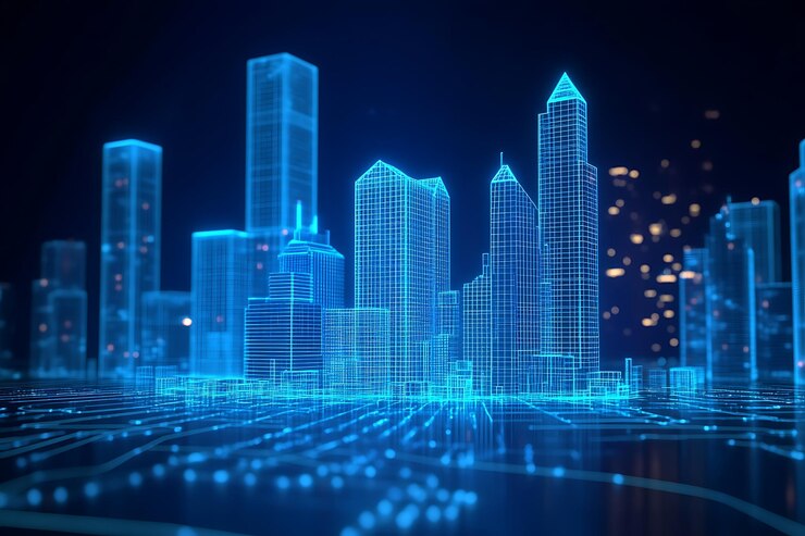 Un horizonte de la ciudad representado con estructuras de marco de alambre azul brillante que representan un paisaje urbano futurista y un diseño arquitectónico moderno en un mundo digitalizado de alta tecnología