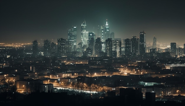 El horizonte de la ciudad resplandeciente por la noche se refleja en el agua generada por la IA