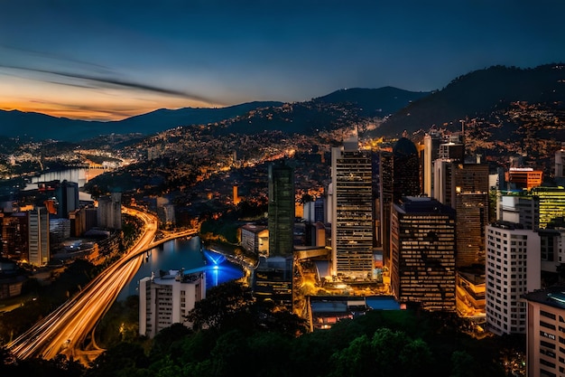 El horizonte de una ciudad con un río y una ciudad al fondo.