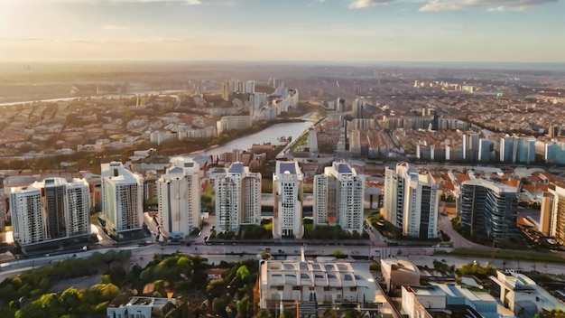 Foto un horizonte de la ciudad con un río y una ciudad en el fondo