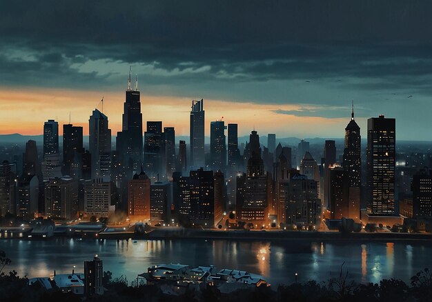 un horizonte de la ciudad con un río y una ciudad en el fondo