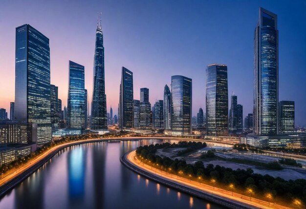 un horizonte de la ciudad con un río y una ciudad en el fondo