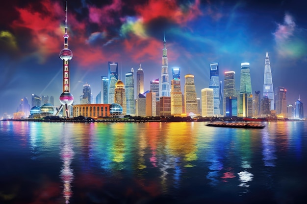 El horizonte de la ciudad de Shanghai por la noche con el reflejo en el río Huangpu El panorama del horizonte de Shanghai con el rio Huangpu China Generado por IA