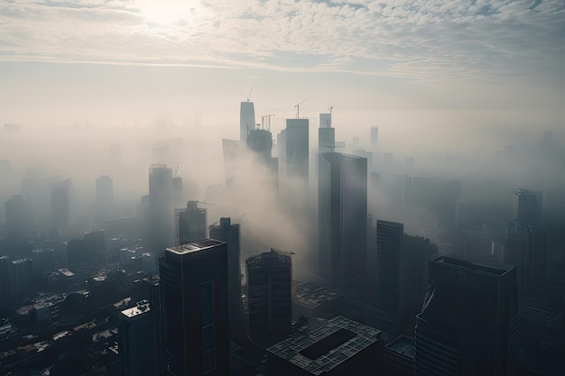 Horizonte de la ciudad con smog oscureciendo la vista y colgando sobre la ciudad