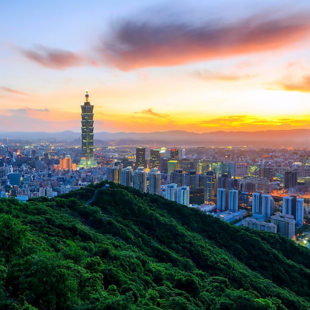 El horizonte de la ciudad de Taipei al atardecer desde la vista de la Ciudad de Taipei
