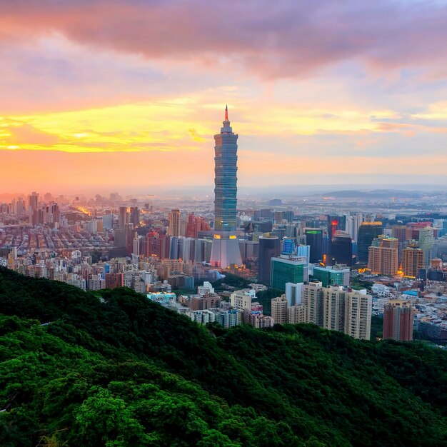 El horizonte de la ciudad de Taipei al atardecer desde la vista de la Ciudad de Taipei