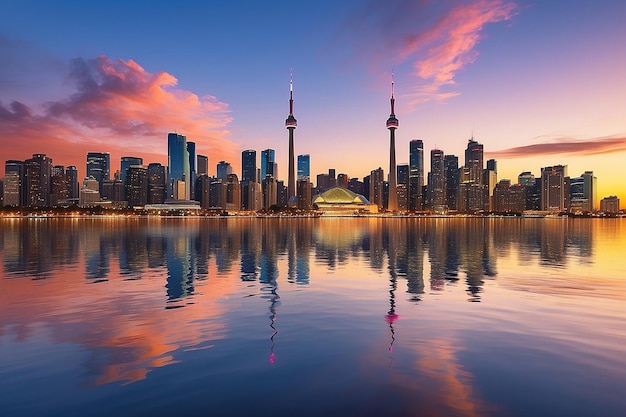 Foto el horizonte de la ciudad de toronto al atardecer en ontario, canadá