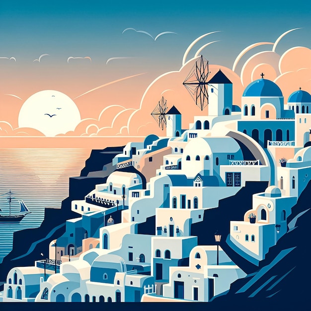 Horizonte de la ciudad de vector plano de Santorini