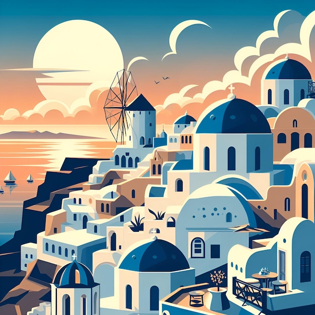 Horizonte de la ciudad de vector plano de Santorini