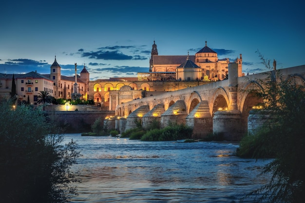 Horizonte de Córdoba por la noche con la Catedral, el Puente Romano y el monumento triunfal de San Rafael Córdoba Andalucía España