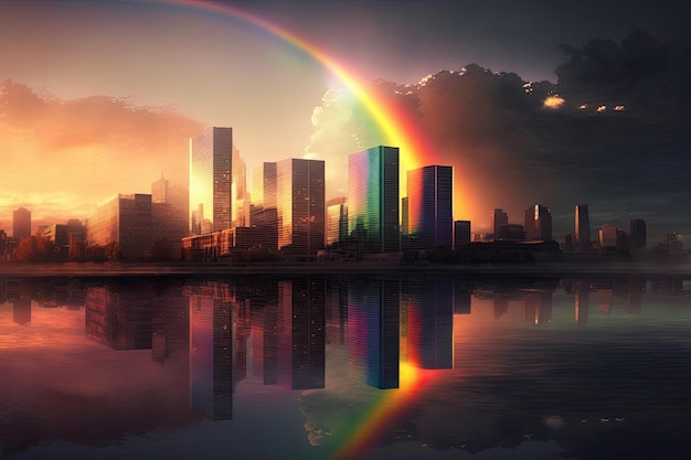 Horizonte da cidade com arco-íris refletindo nos edifícios de vidro ao pôr do sol