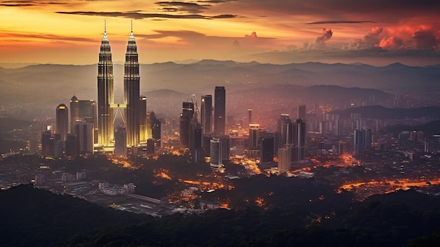 Horizonte da cidade de Kuala Lumpur ao anoitecer Kuala Lumpur Malásia