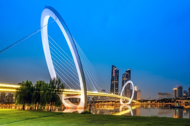 Horizonte da cidade de Nanjing na China e edifícios modernos, paisagem crepuscular