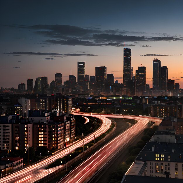 Horizonte da cidade moderna ao anoitecer com iluminação realista edifícios de alta definição