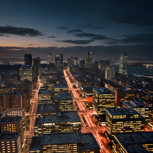 Horizonte da cidade moderna ao anoitecer com iluminação realista edifícios de alta definição