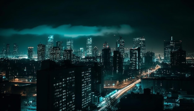 Horizonte da cidade moderna iluminado pelo crepúsculo azul refletindo na água gerada pela inteligência artificial