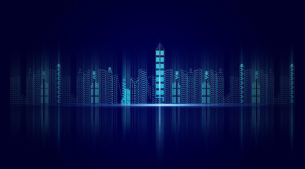 Horizonte de cidade digital de partículas virtuais em fundo azul escuro