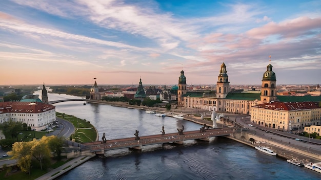 Horizonte de Dresden e rio Elba na Saxônia, Alemanha