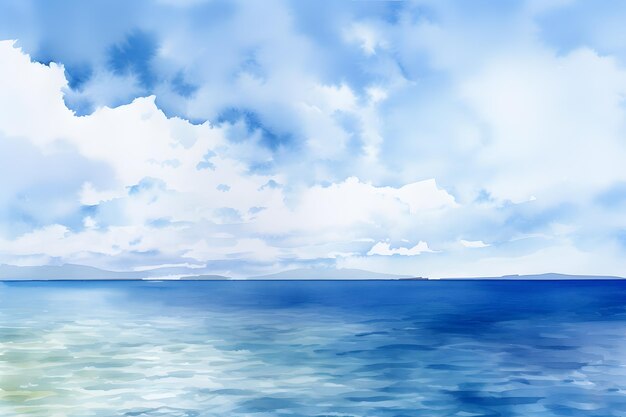 Foto horizonte de mar azul infinito com céu nuvens paisagem natural à beira-mar pintura em aquarela ilustração de fundo generative ai