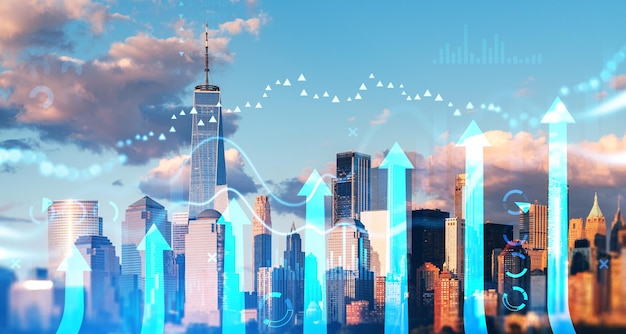 Horizonte de Nova York e setas crescentes com diagramas de gráficos forex