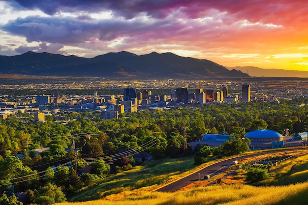 Horizonte de Salt Lake City ao pôr do sol com as montanhas Wasatch ao fundo, Utah