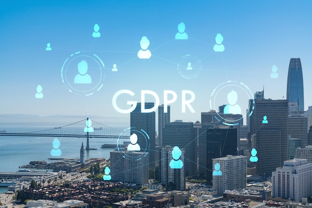 Horizonte de são francisco da coit tower ao distrito financeiro e bairros residenciais califórnia conceito de holograma gdpr dos eua de regulamentação de proteção de dados e privacidade para todos os indivíduos