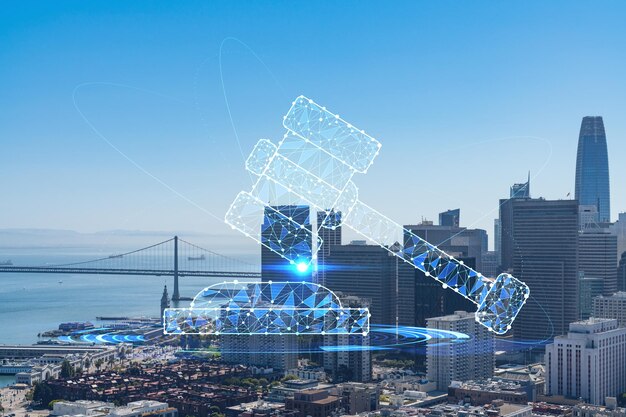 Horizonte de São Francisco, da Coit Tower ao distrito financeiro e bairros residenciais Califórnia EUA Ícones legais de holograma brilhante O conceito de regulamentos de ordem legal e justiça digital