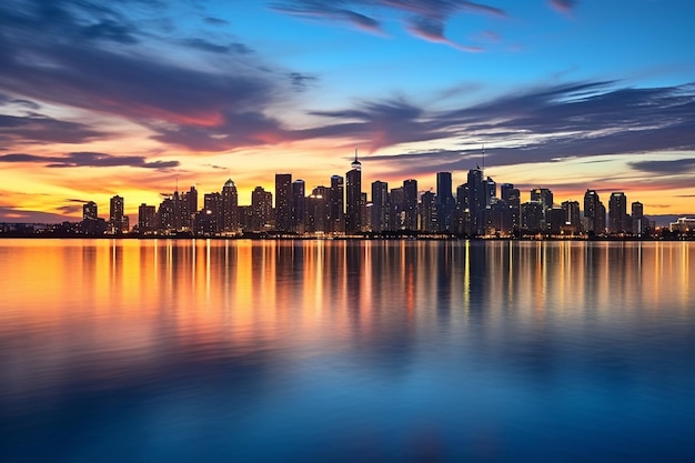 Horizonte de uma cidade moderna durante a hora azul