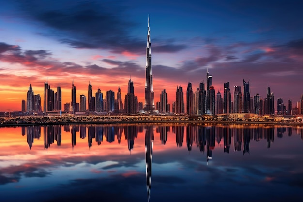 El horizonte de Dubái al atardecer con el reflejo en el lago de Dubái Emiratos Árabes Unidos El horizonte de Dubái por la noche Generado por IA