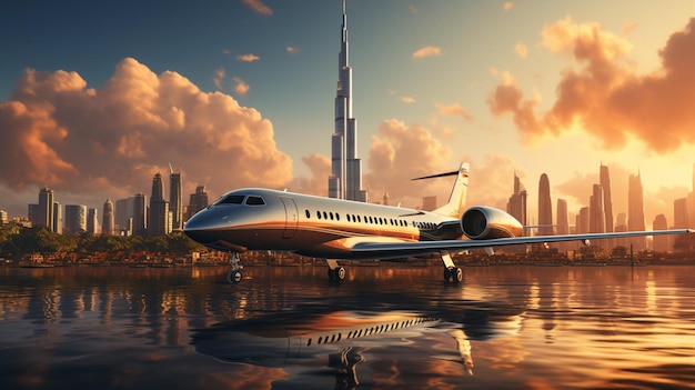 El horizonte de Dubai con una hermosa ciudad un avión en el cielo