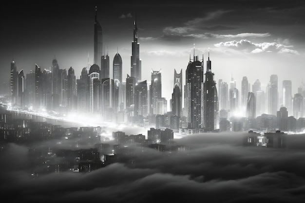 Horizonte de Dubai en la niebla por la noche Emiratos Árabes Unidos