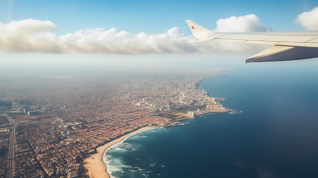 horizonte em uma vista baixa de uma cidade de Gaza e o mar de um avião cercado pelo mar