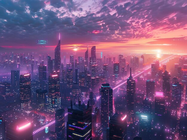 El horizonte futurista al anochecer los sueños de neón se encuentran con los cielos digitales