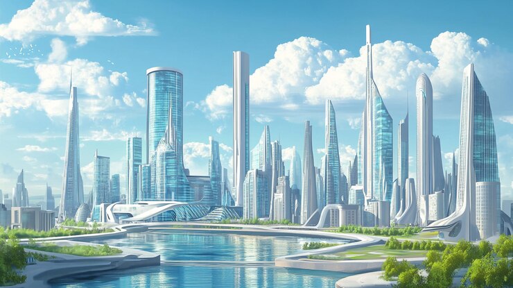 El horizonte futurista de la ciudad con arquitectura moderna y un entorno sereno frente al mar