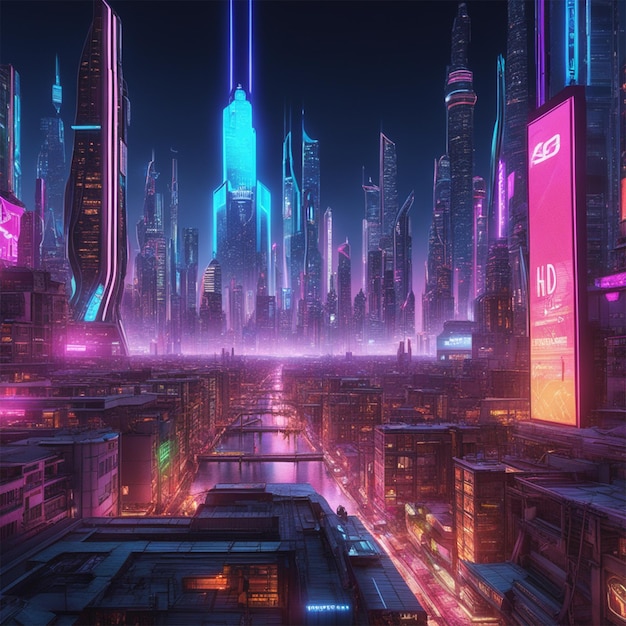 Un horizonte futurista de la ciudad por la noche inspirado en la estética del cyberpunk.