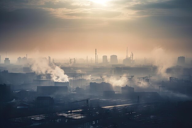 Horizonte industrial poluído com fumaça e neblina de chaminés de fábrica
