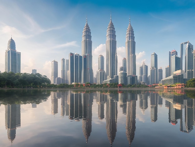 Horizonte de kuala lumpur con edificios grises y reflejos