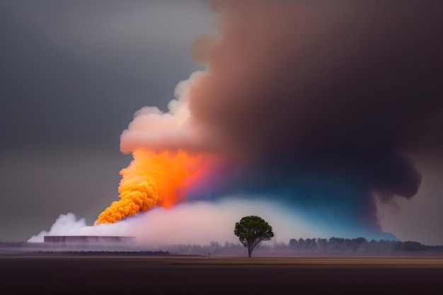 Horizonte místico Formación de nubes ahumadas y colores del arco iris sobre un árbol solitario