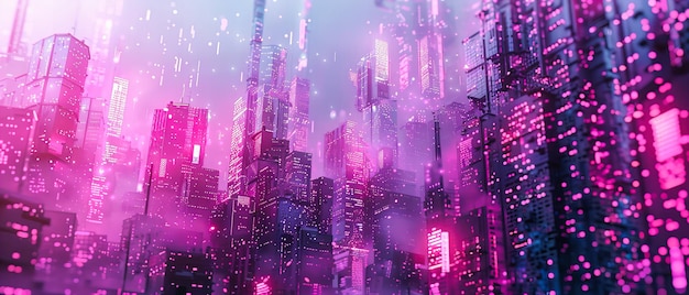 Horizonte nocturno urbano con brillo de neón Concepto de paisaje urbano futurista Arquitectura y tecnología mezcladas en azul