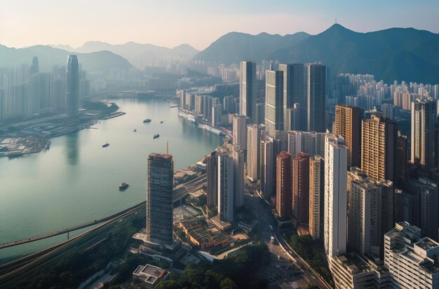 Horizonte oficial de la ciudad con un río y un puente en primer plano