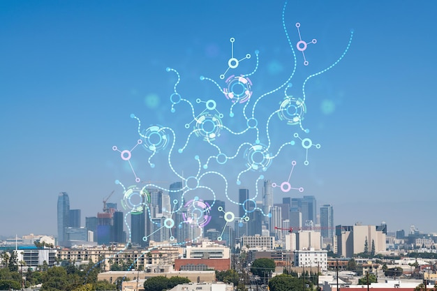 Horizonte panorámico de Los Ángeles del centro de la ciudad durante el día California EE. UU. Rascacielos de la ciudad de Los Ángeles Holograma del concepto de inteligencia artificial AI y robótica de redes neuronales de aprendizaje automático de negocios