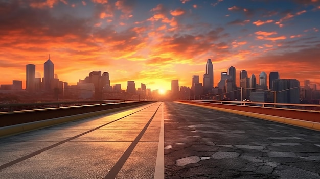 Horizonte panorâmico da cidade e edifícios com estrada de asfalto vazia ao nascer do sol