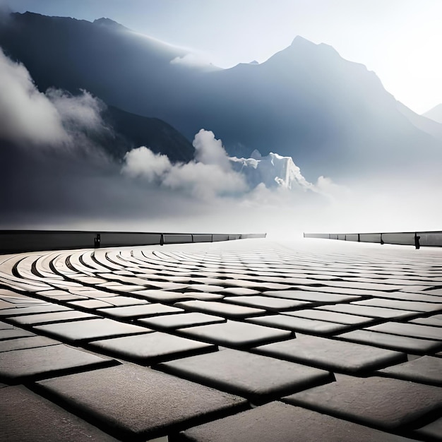 Horizonte panorâmico e pisos quadrados vazios pisos de pedra com edifícios de céu e nuvens