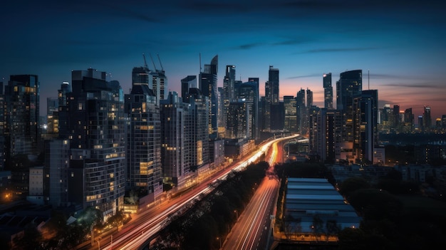 Horizonte panorámico y edificios comerciales modernos con carretera asfaltada vacía ai generativo