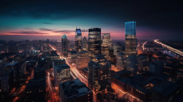 Horizonte panorámico y edificios comerciales modernos con carretera asfaltada vacía ai generativo