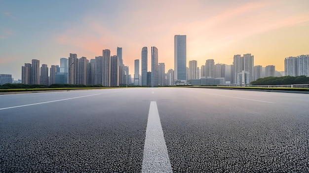 Horizonte panorámico y edificios comerciales modernos con carretera vacía Carretera de asfalto y IA generativa