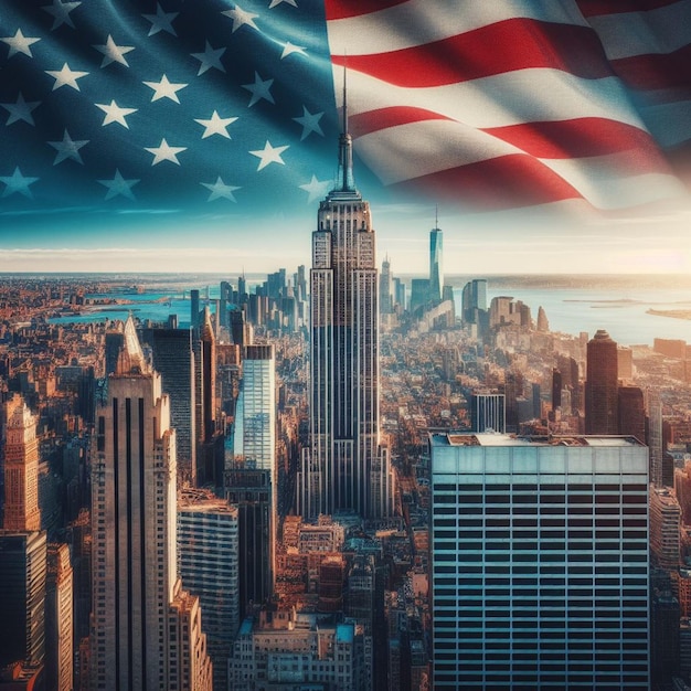 el horizonte patriótico la majestuosa bandera estadounidense junto al icónico Empire State Buildings grandeza