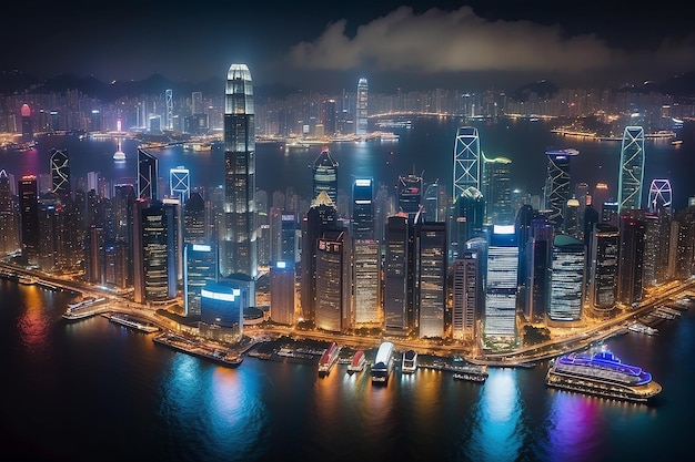 El horizonte del puerto de Victoria por la noche en Hong Kong